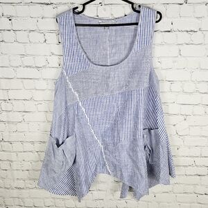 KENAR | sleeveless asymmetrical hem striped linen blend blouse